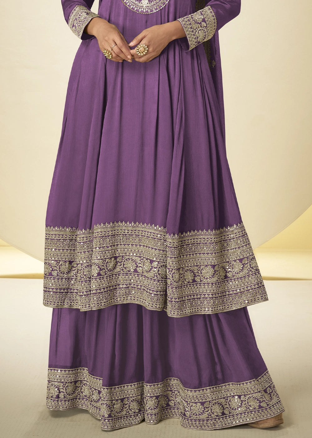 Deep Lilac Purple Chinon Silk Palazzo Suit with Intricate Embroidery