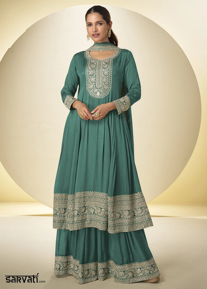 Viridian Green Chinon Silk Palazzo Suit with Intricate Embroidery