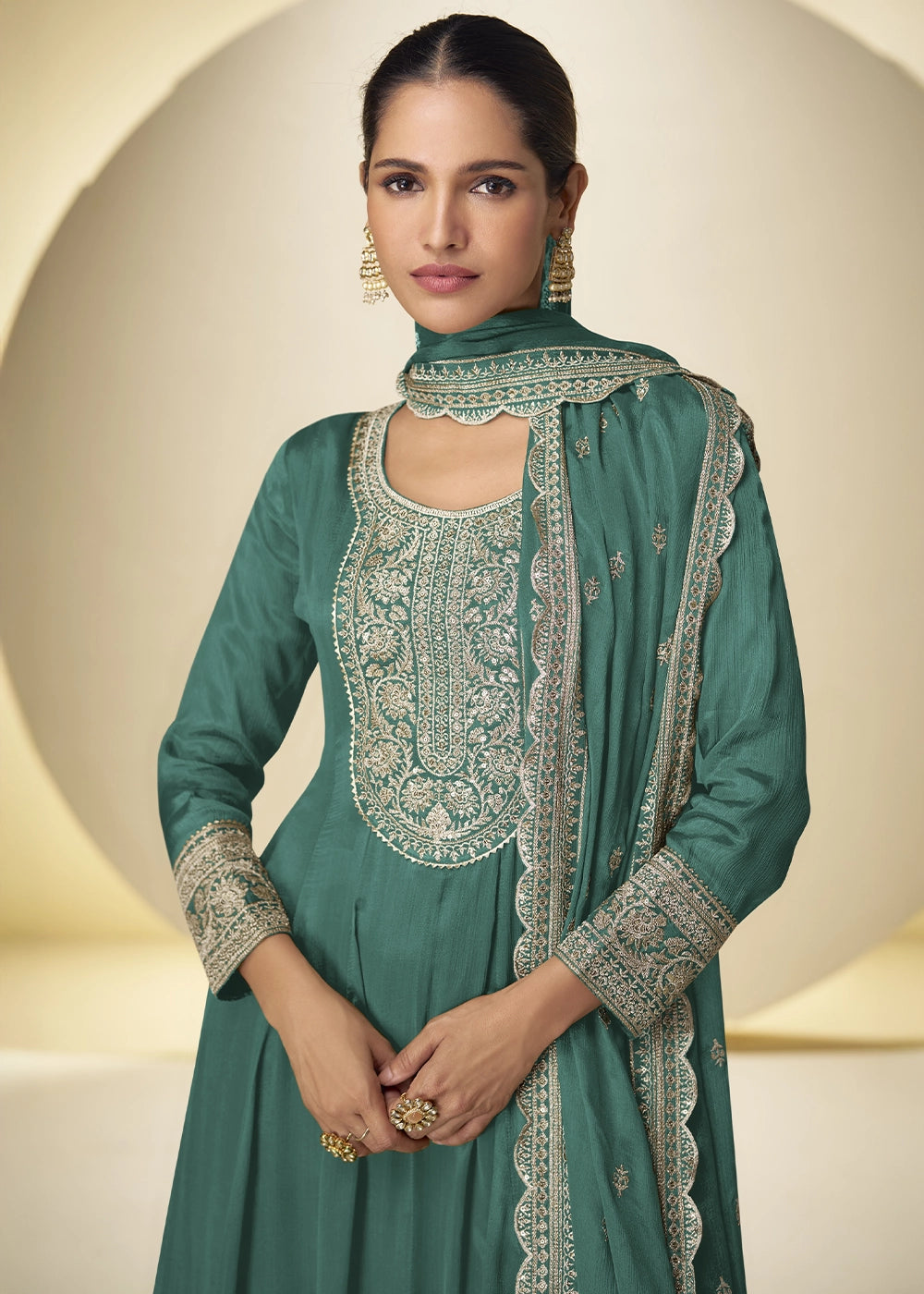 Viridian Green Chinon Silk Palazzo Suit with Intricate Embroidery