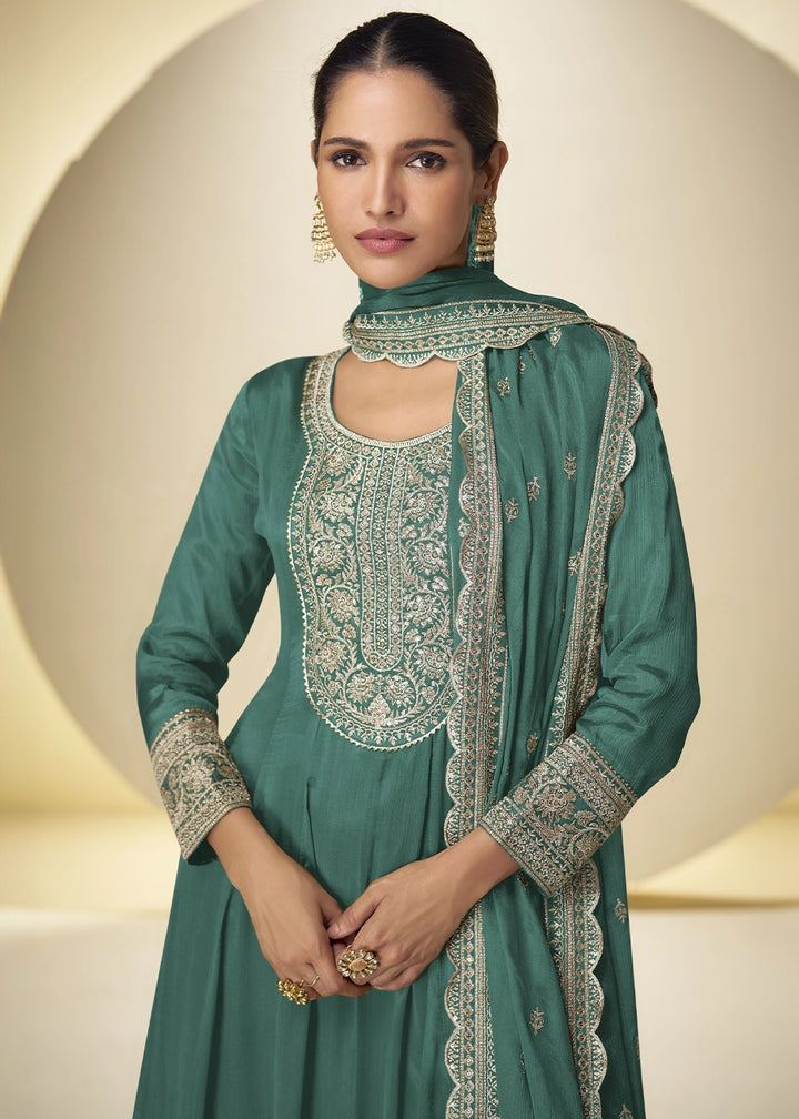 Viridian Green Chinon Silk Palazzo Suit with Intricate Embroidery