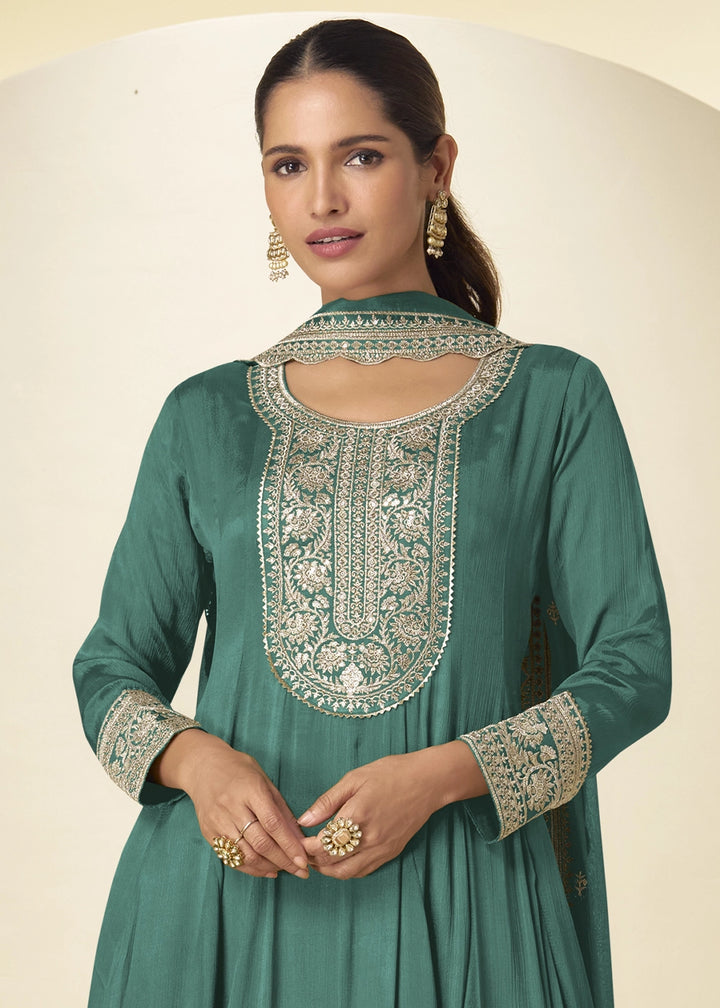 Viridian Green Chinon Silk Palazzo Suit with Intricate Embroidery