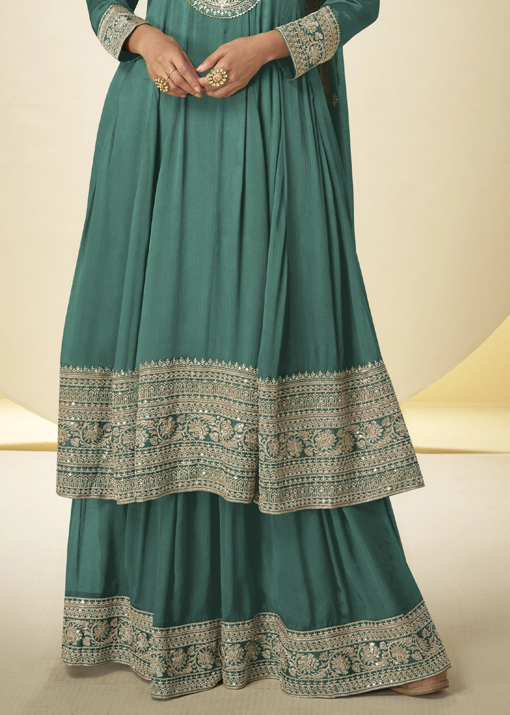 Viridian Green Chinon Silk Palazzo Suit with Intricate Embroidery