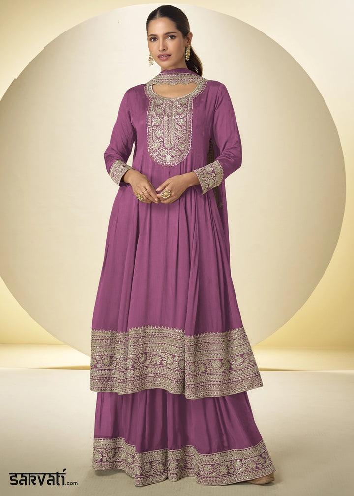 Bright Purple Chinon Silk Palazzo Suit with Intricate Embroidery