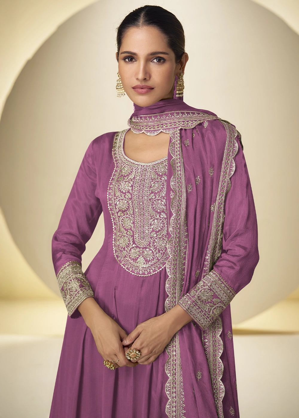 Bright Purple Chinon Silk Palazzo Suit with Intricate Embroidery