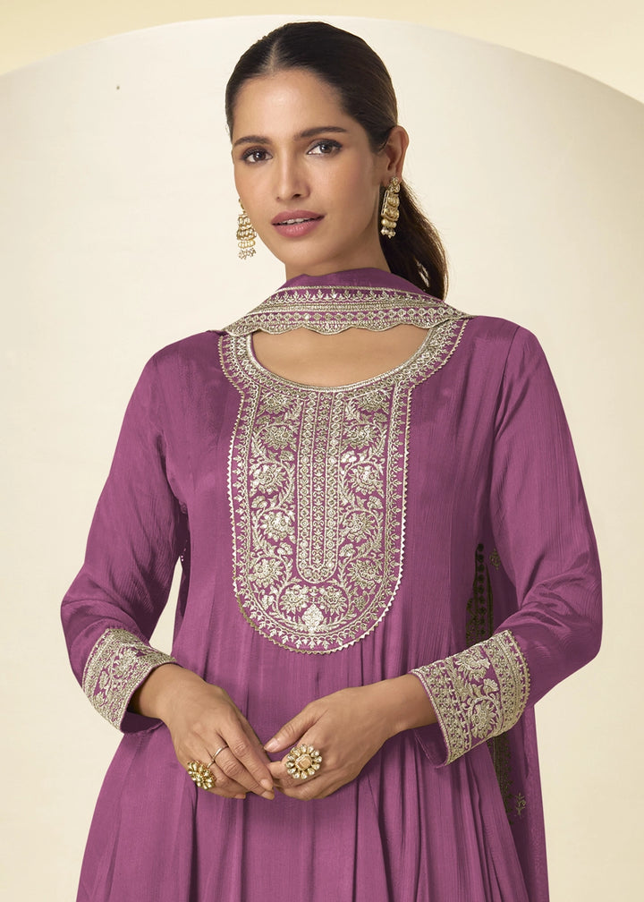 Bright Purple Chinon Silk Palazzo Suit with Intricate Embroidery