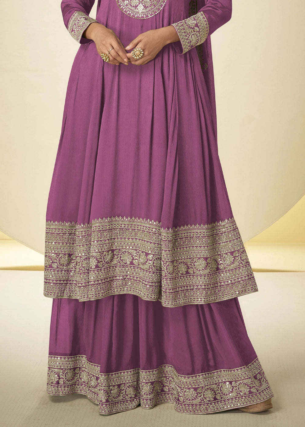 Bright Purple Chinon Silk Palazzo Suit with Intricate Embroidery