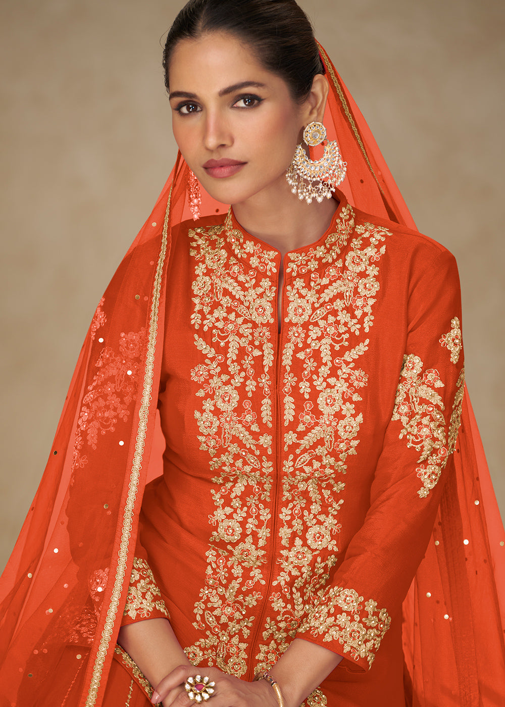 Orange Chinon Embroidered Kurta Sharara Suit Set