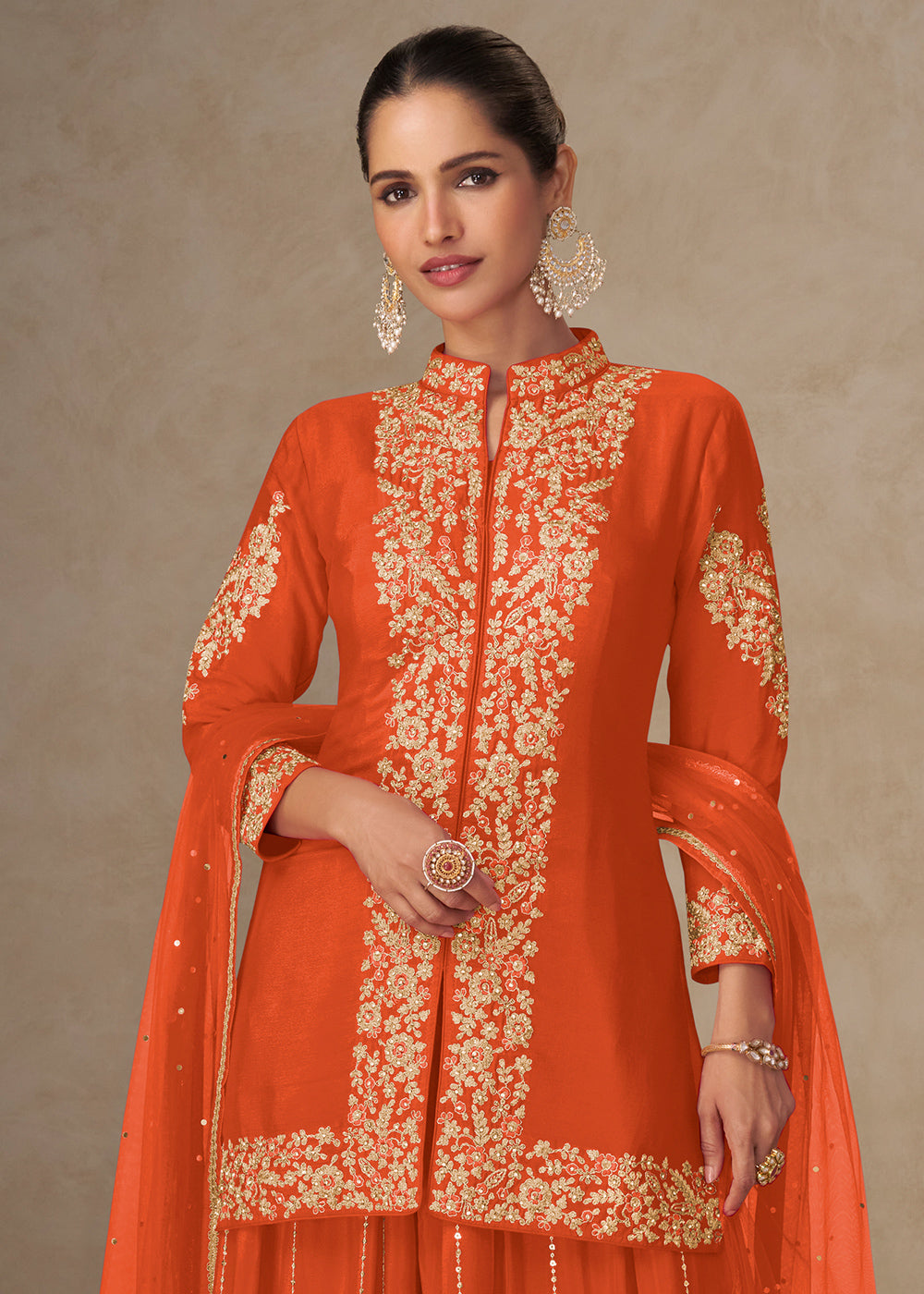 Orange Chinon Embroidered Kurta Sharara Suit Set