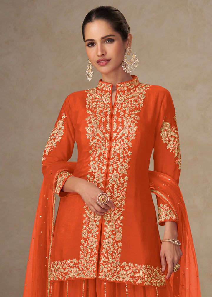 Orange Chinon Embroidered Kurta Sharara Suit Set