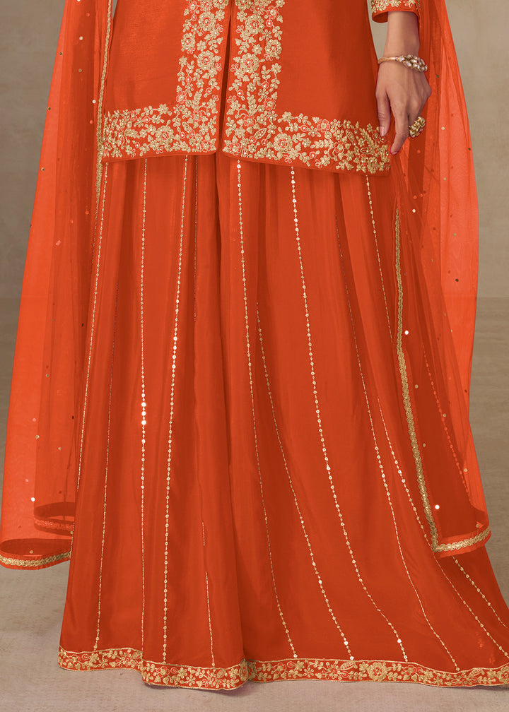 Orange Chinon Embroidered Kurta Sharara Suit Set
