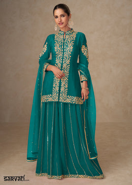 Teal Blue Chinon Embroidered Kurta Sharara Suit