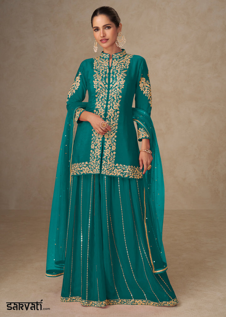 Teal Blue Chinon Embroidered Kurta Sharara Suit