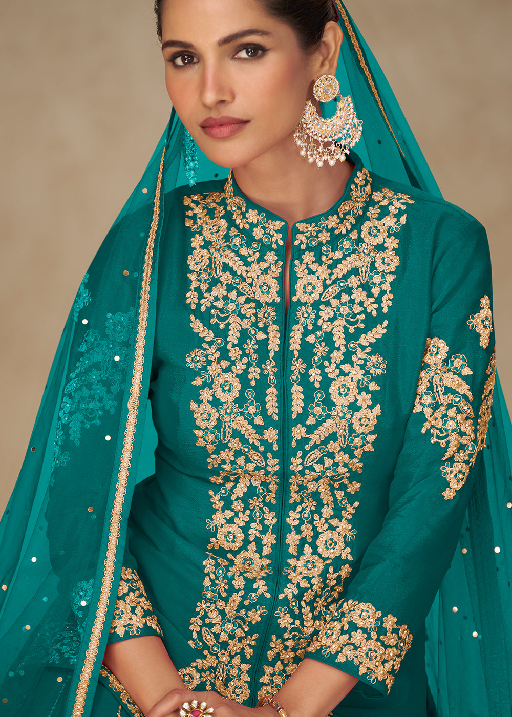 Teal Blue Chinon Embroidered Kurta Sharara Suit