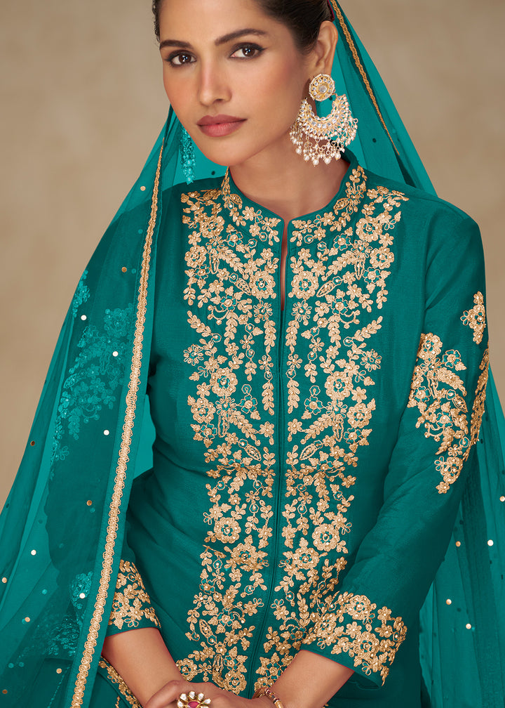 Teal Blue Chinon Embroidered Kurta Sharara Suit
