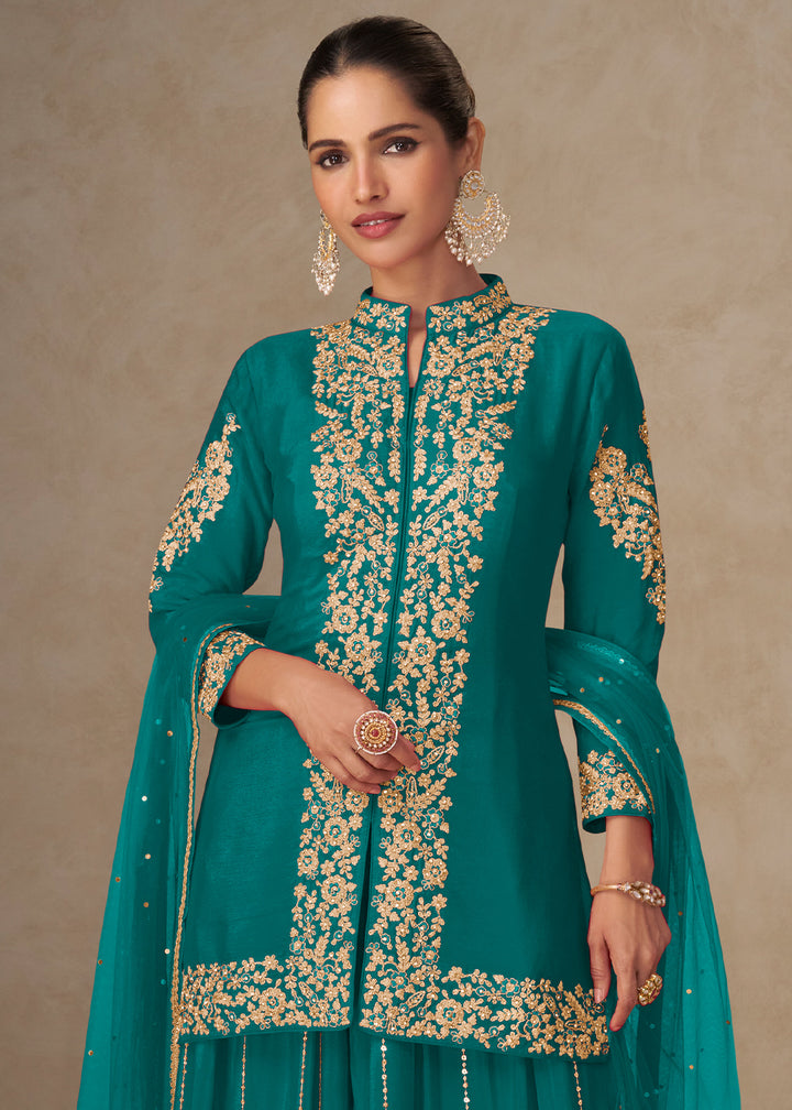 Teal Blue Chinon Embroidered Kurta Sharara Suit