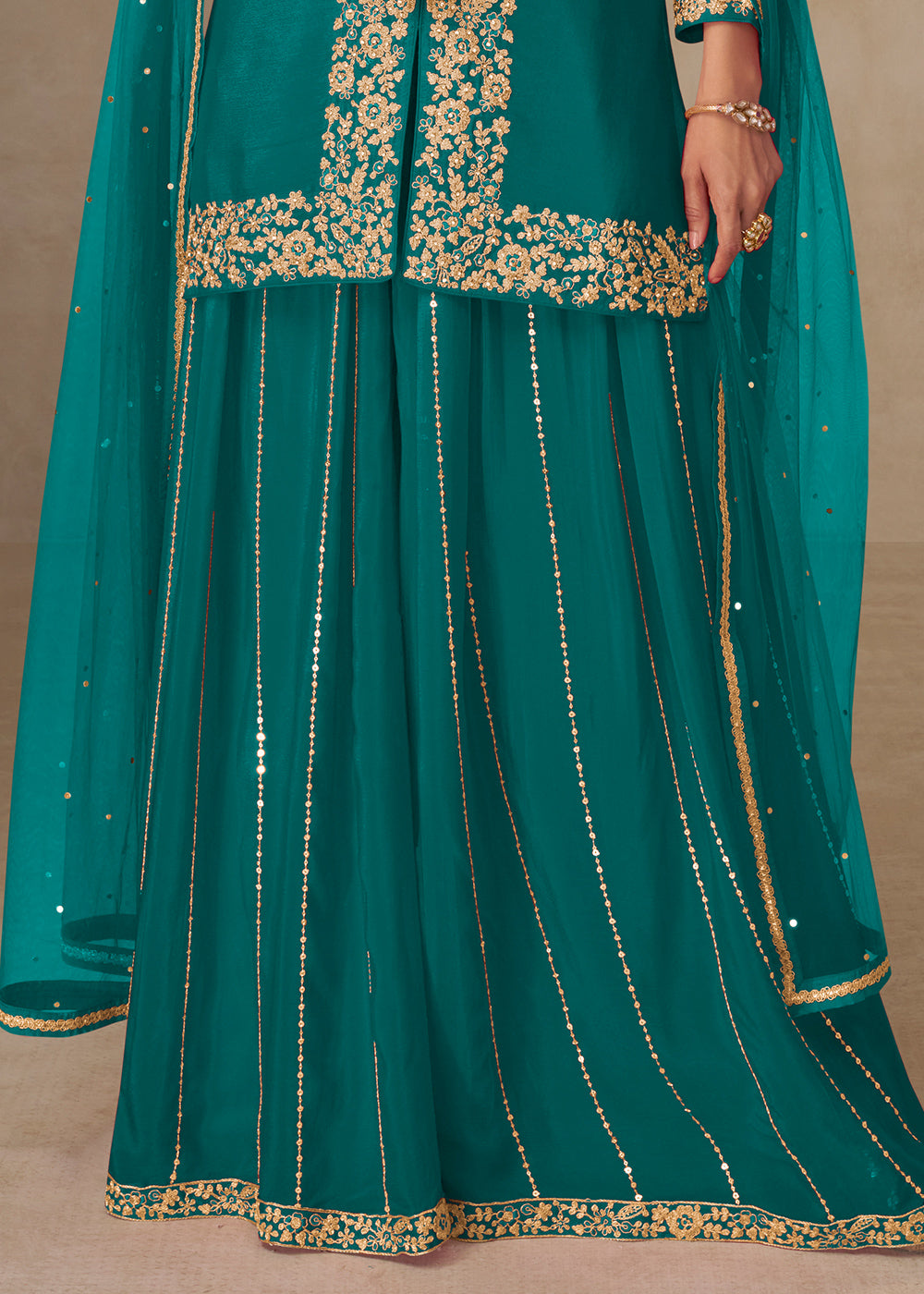 Teal Blue Chinon Embroidered Kurta Sharara Suit