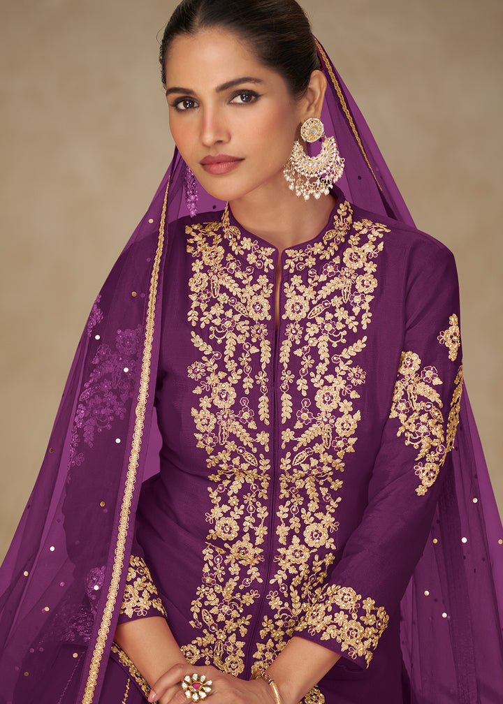 Purple Chinon Embroidered Kurta Sharara Suit Set