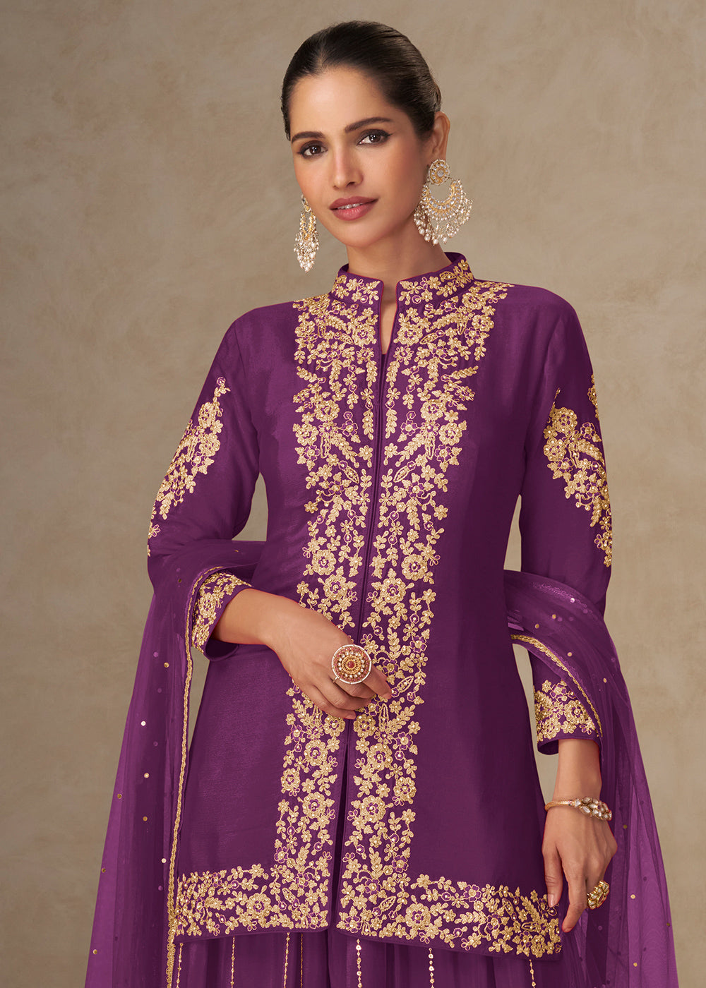 Purple Chinon Embroidered Kurta Sharara Suit Set