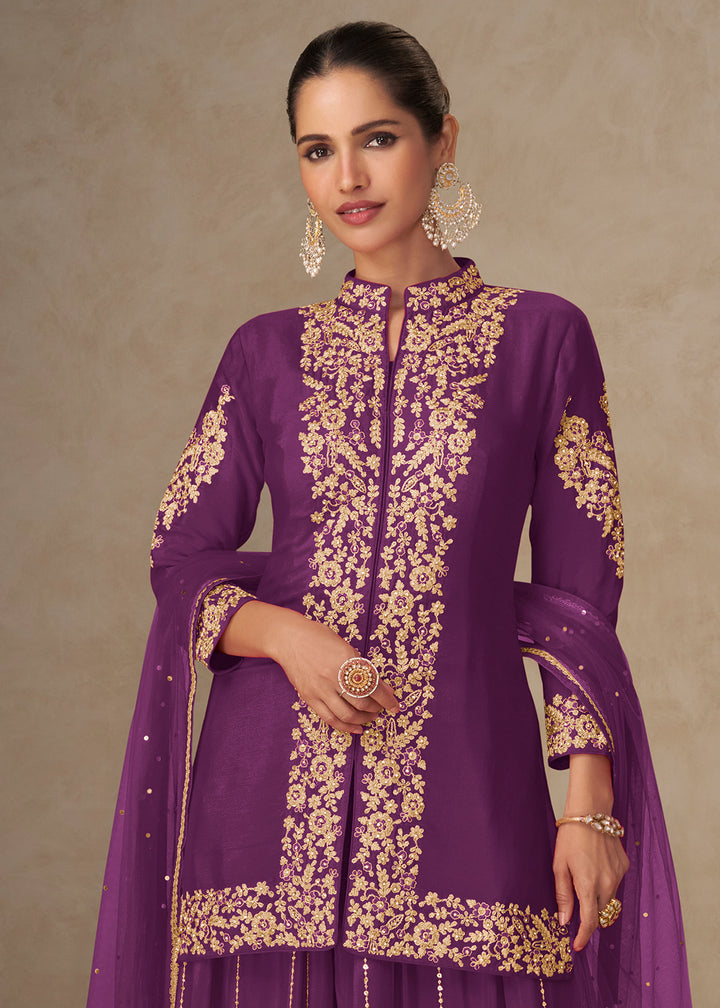 Purple Chinon Embroidered Kurta Sharara Suit Set
