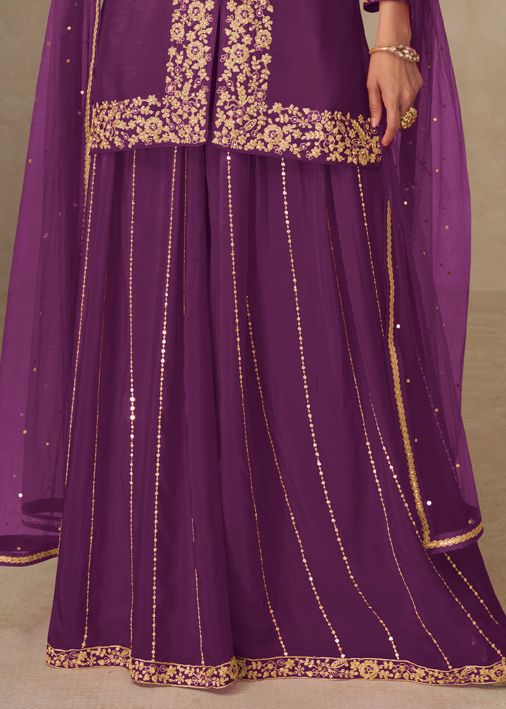 Purple Chinon Embroidered Kurta Sharara Suit Set