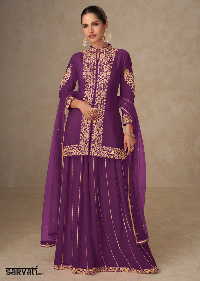 Purple Chinon Embroidered Kurta Sharara Suit Set