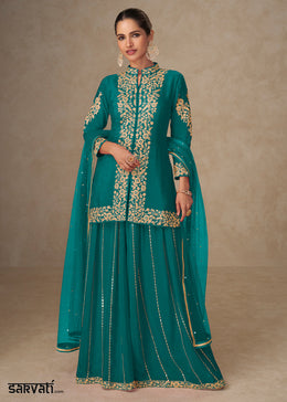 Turquoise Chinon Embroidered Kurta Sharara Suit