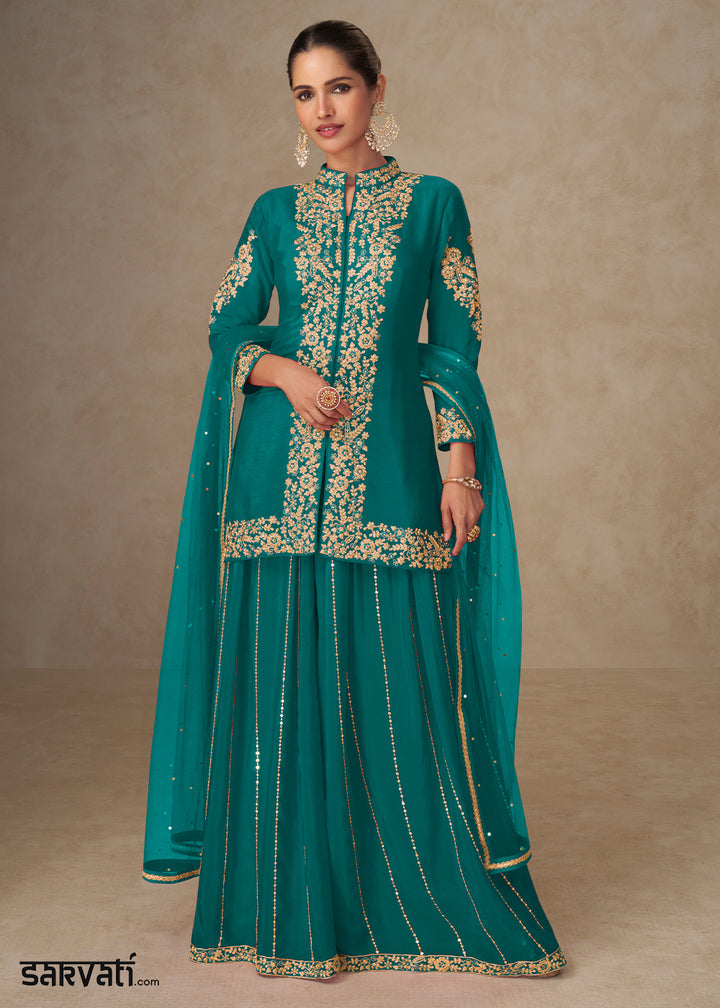Turquoise Chinon Embroidered Kurta Sharara Suit