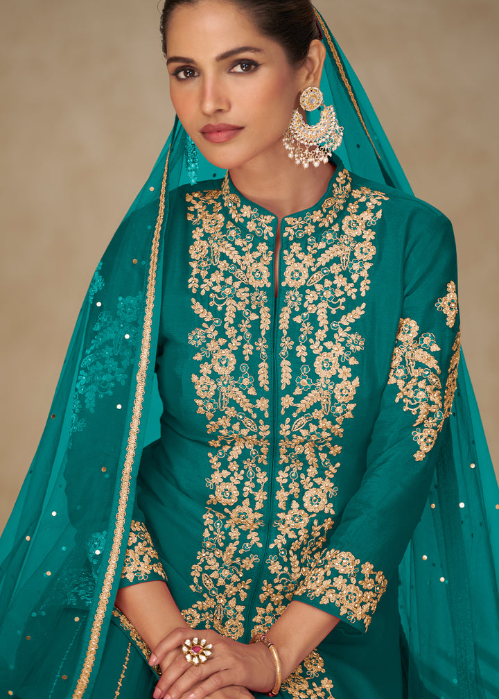 Turquoise Chinon Embroidered Kurta Sharara Suit