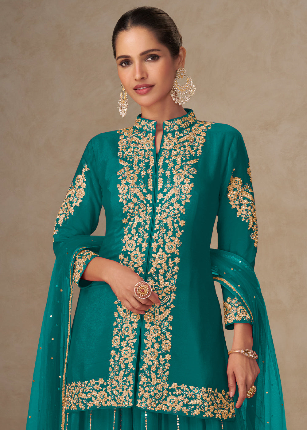 Turquoise Chinon Embroidered Kurta Sharara Suit