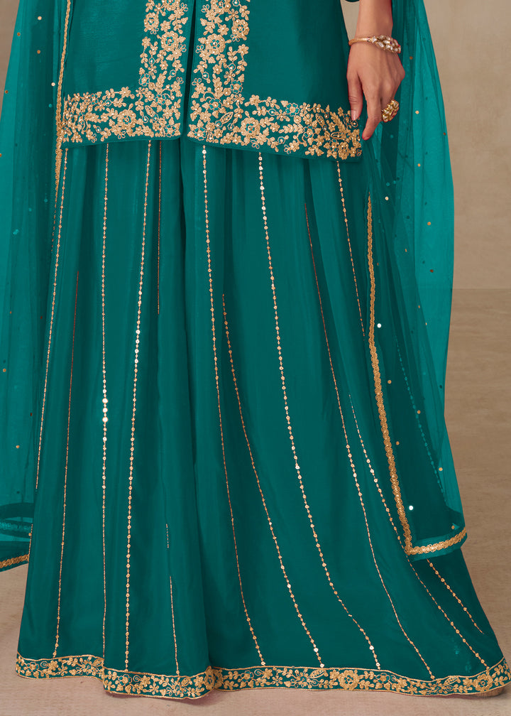 Turquoise Chinon Embroidered Kurta Sharara Suit