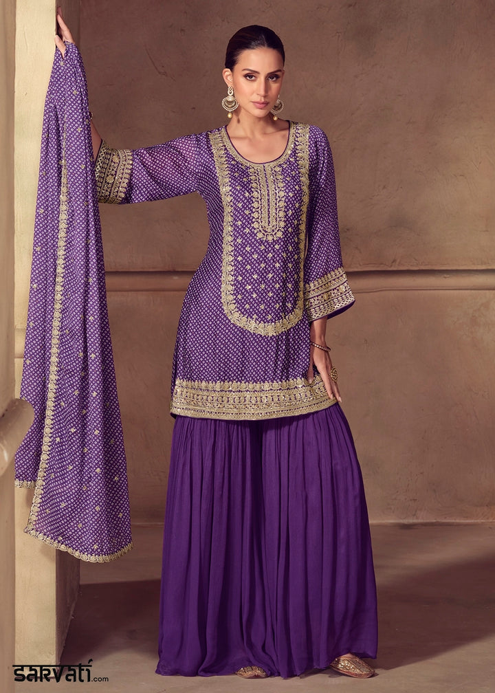 Indigo Purple Bandhani Print Palazzo Suit in Chinon Silk with Embroidered Detailing
