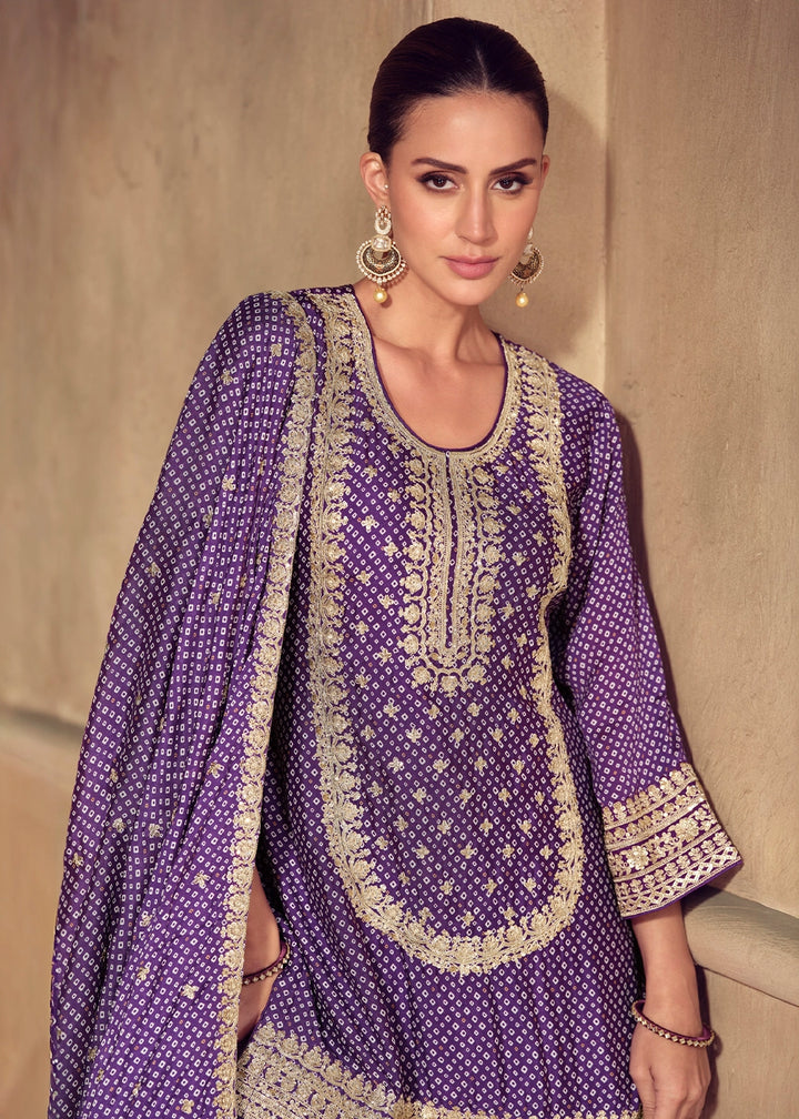 Indigo Purple Bandhani Print Palazzo Suit in Chinon Silk with Embroidered Detailing
