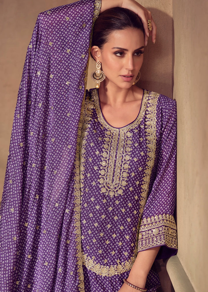 Indigo Purple Bandhani Print Palazzo Suit in Chinon Silk with Embroidered Detailing