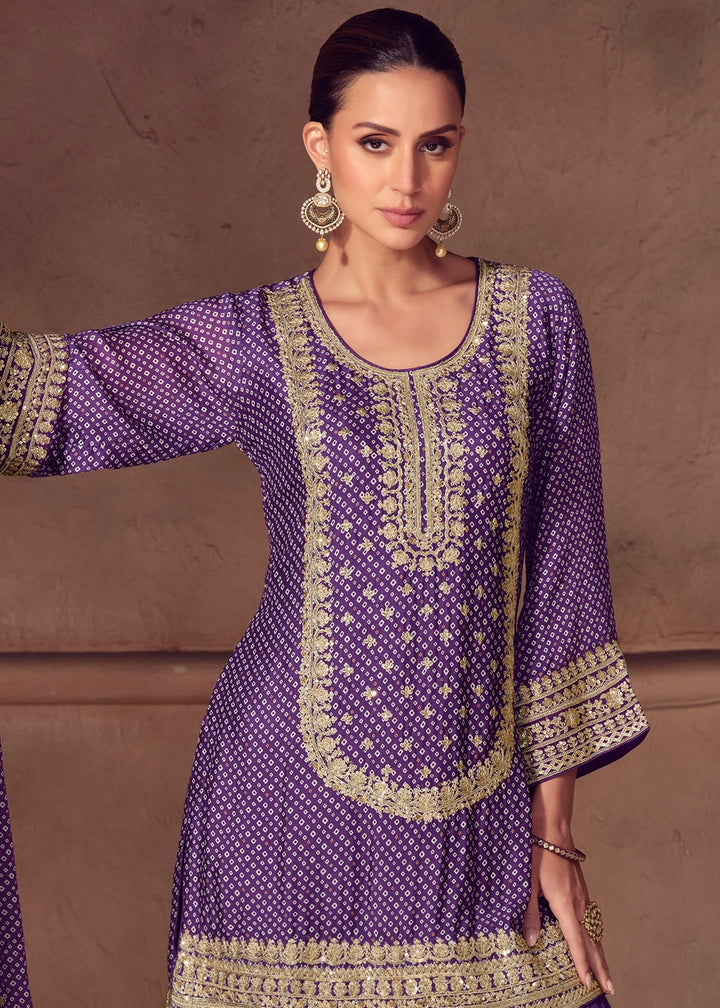 Indigo Purple Bandhani Print Palazzo Suit in Chinon Silk with Embroidered Detailing