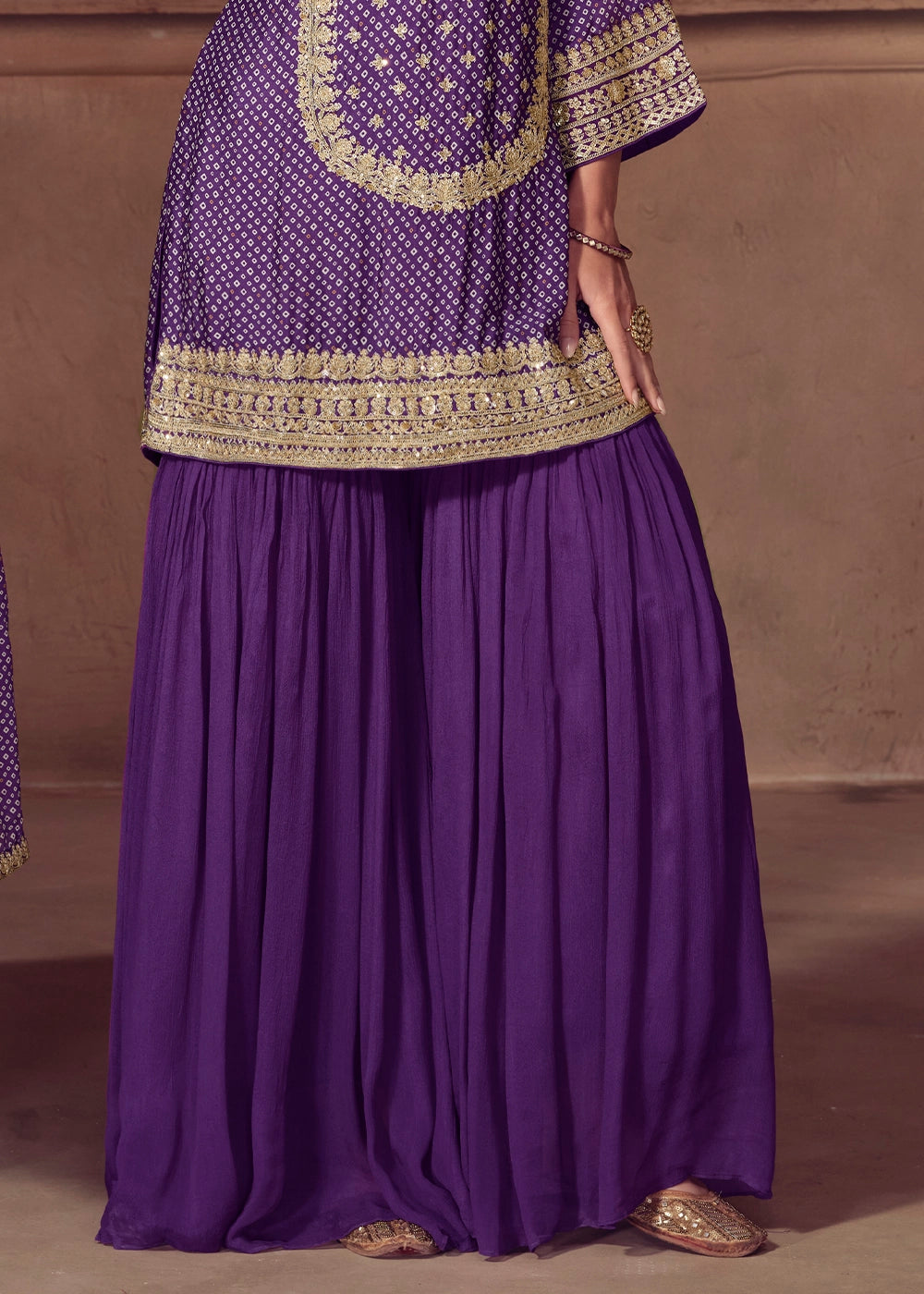 Indigo Purple Bandhani Print Palazzo Suit in Chinon Silk with Embroidered Detailing