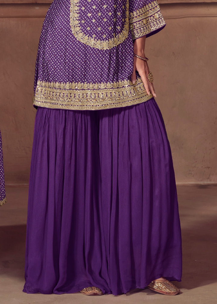 Indigo Purple Bandhani Print Palazzo Suit in Chinon Silk with Embroidered Detailing