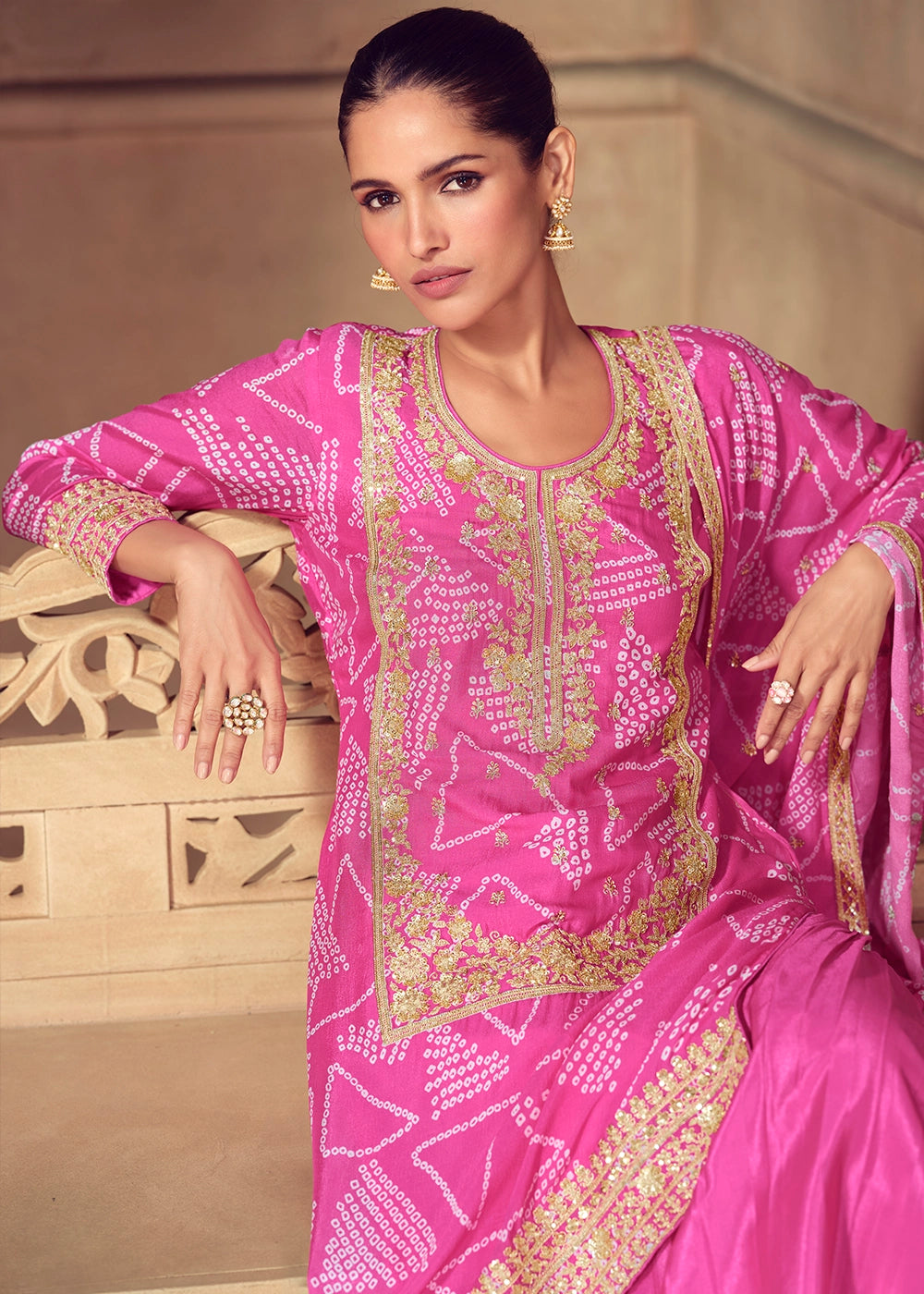 Deep Pink Bandhani Print Palazzo Suit in Chinon Silk with Embroidered Detailing