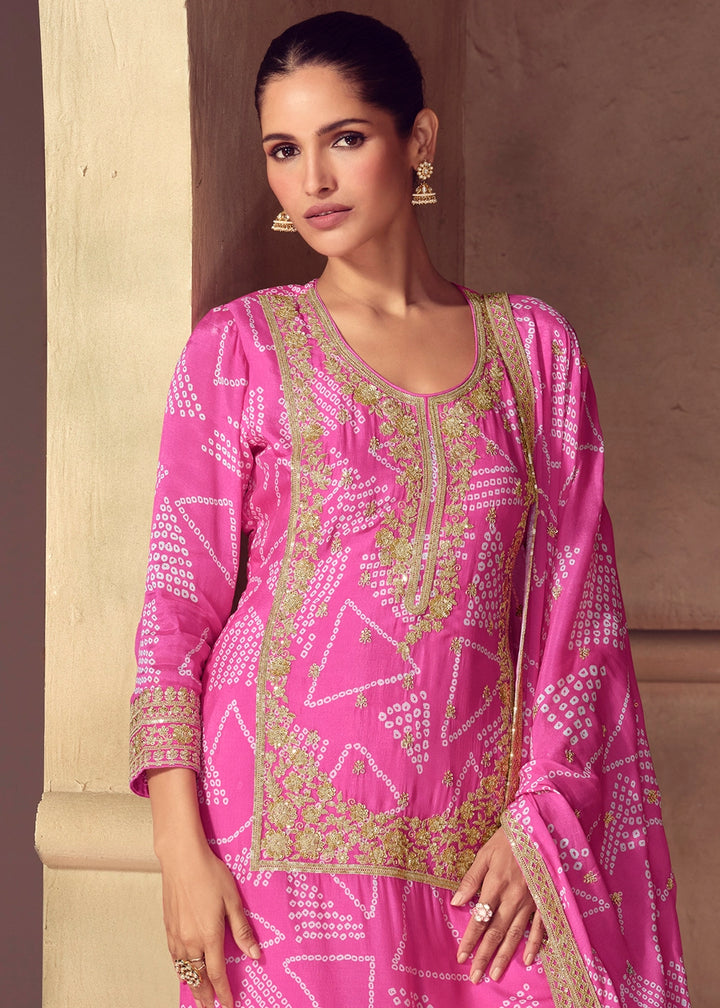 Deep Pink Bandhani Print Palazzo Suit in Chinon Silk with Embroidered Detailing