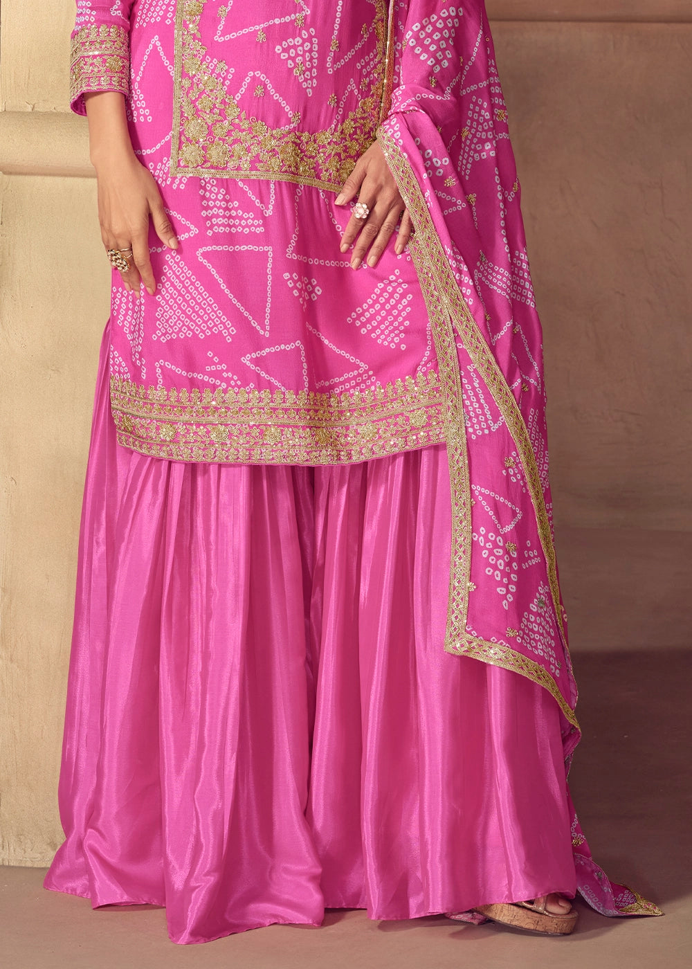 Deep Pink Bandhani Print Palazzo Suit in Chinon Silk with Embroidered Detailing