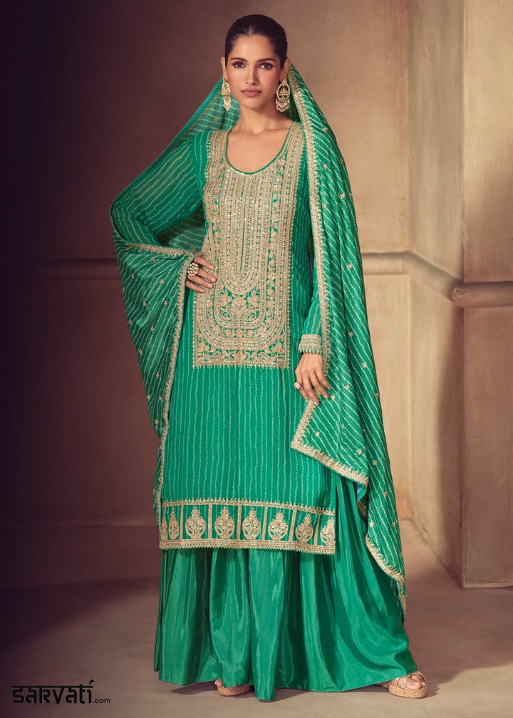 Jade Green Bandhani Print Palazzo Suit in Chinon Silk with Embroidered Detailing