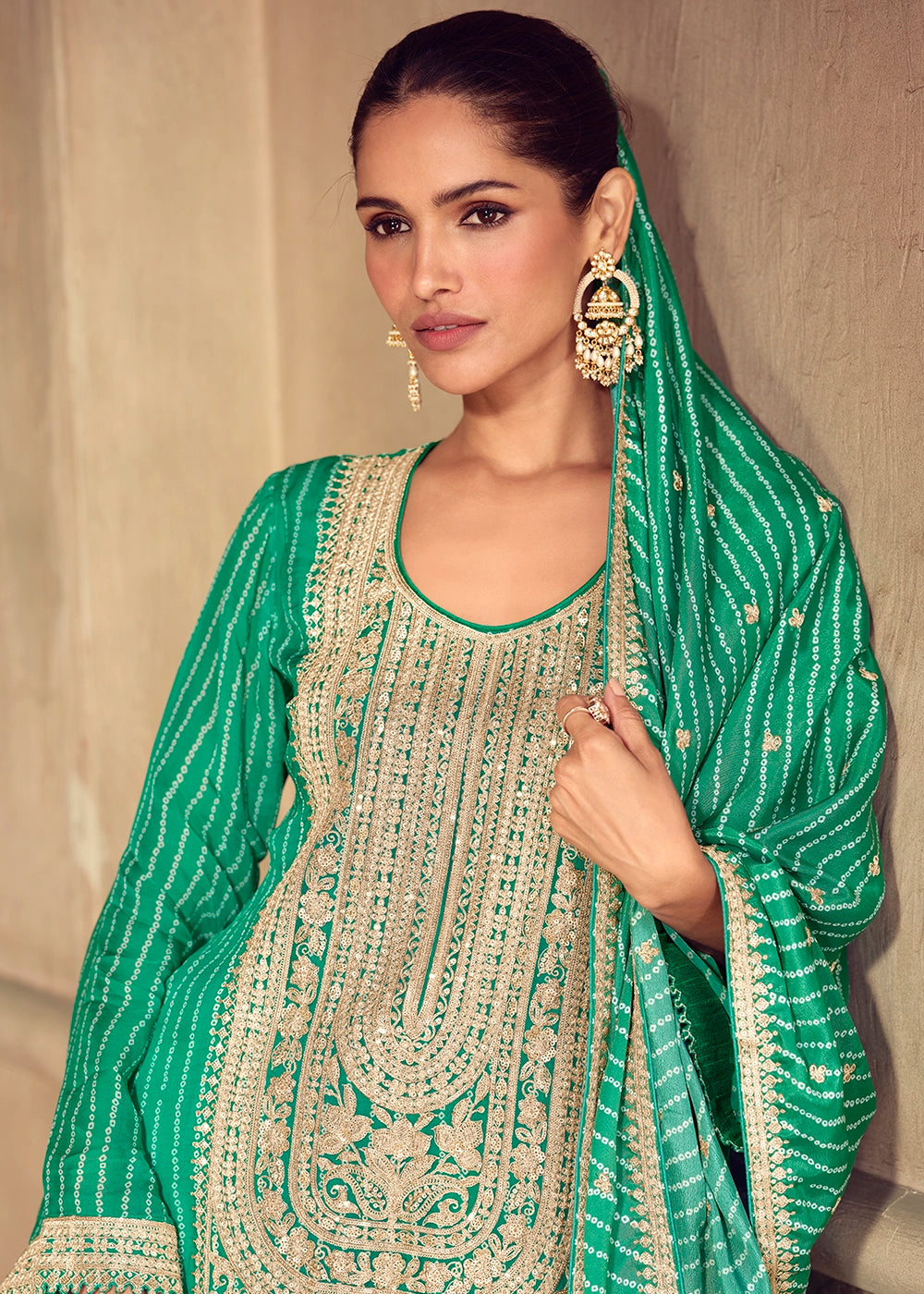 Jade Green Bandhani Print Palazzo Suit in Chinon Silk with Embroidered Detailing