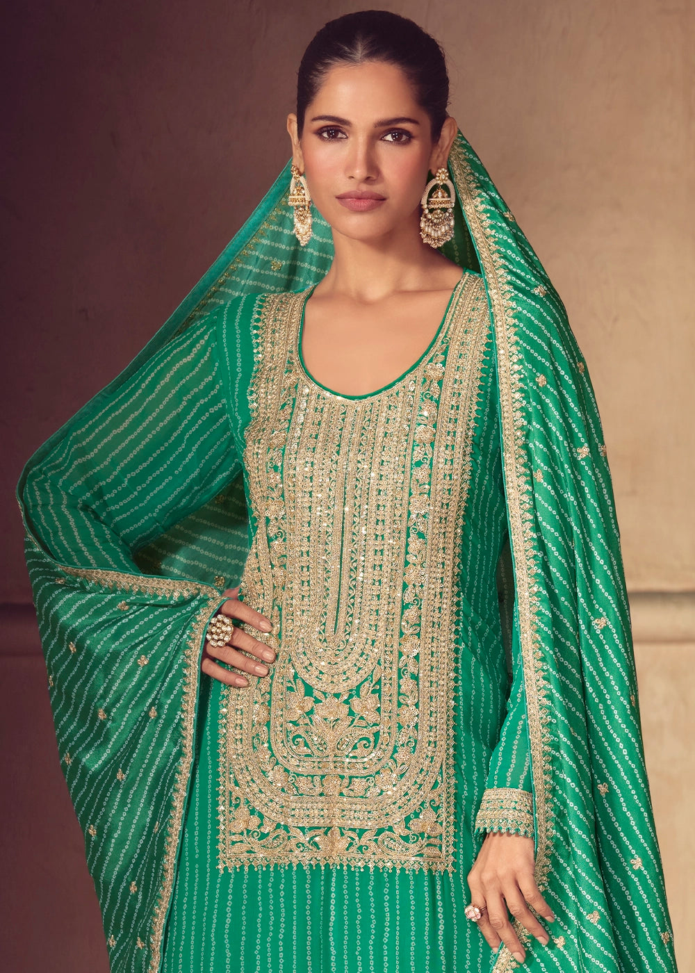 Jade Green Bandhani Print Palazzo Suit in Chinon Silk with Embroidered Detailing