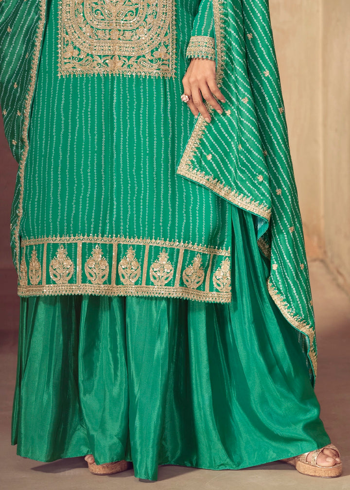 Jade Green Bandhani Print Palazzo Suit in Chinon Silk with Embroidered Detailing