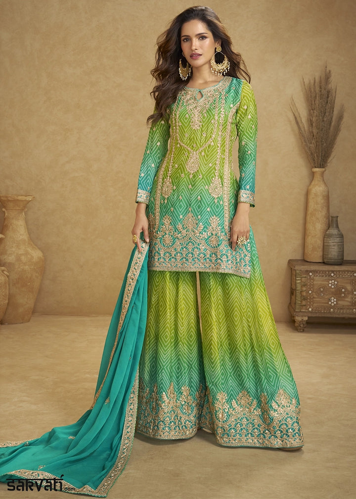 Green-Blue Chinon Silk Palazzo Suit with Fine Embroidery