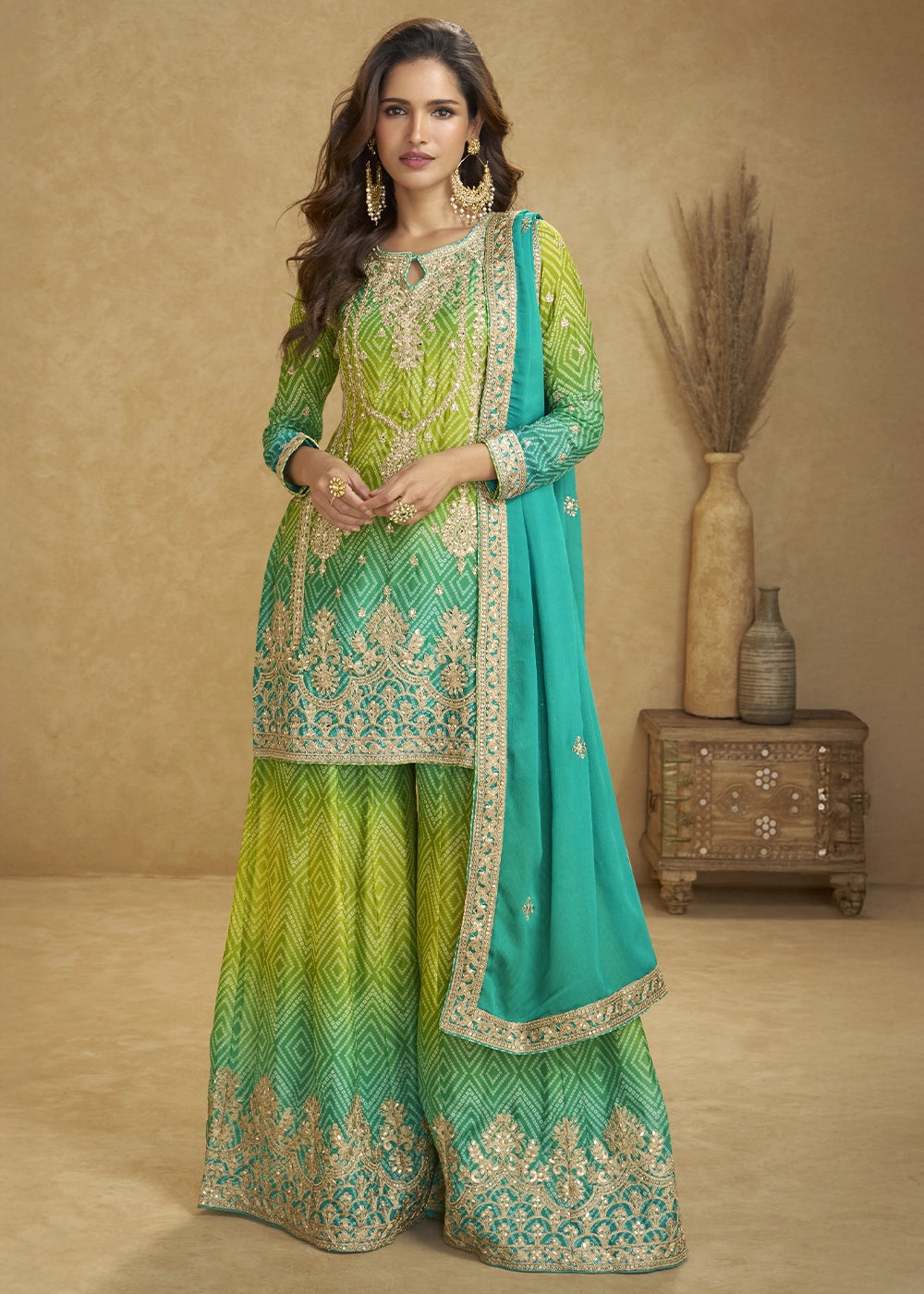 Green-Blue Chinon Silk Palazzo Suit with Fine Embroidery