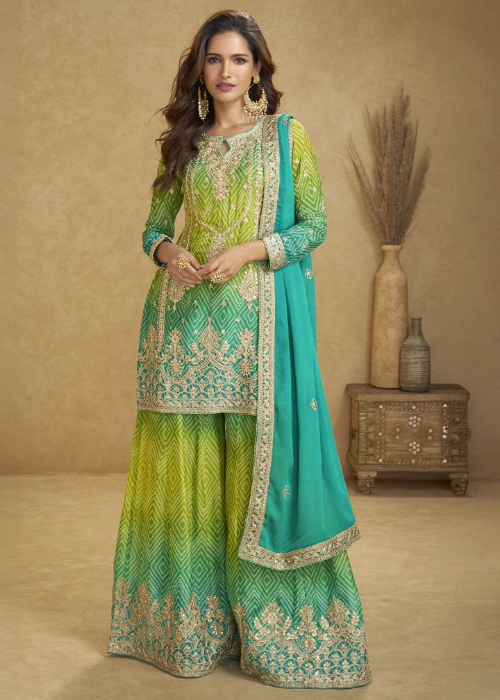 Green-Blue Chinon Silk Palazzo Suit with Fine Embroidery