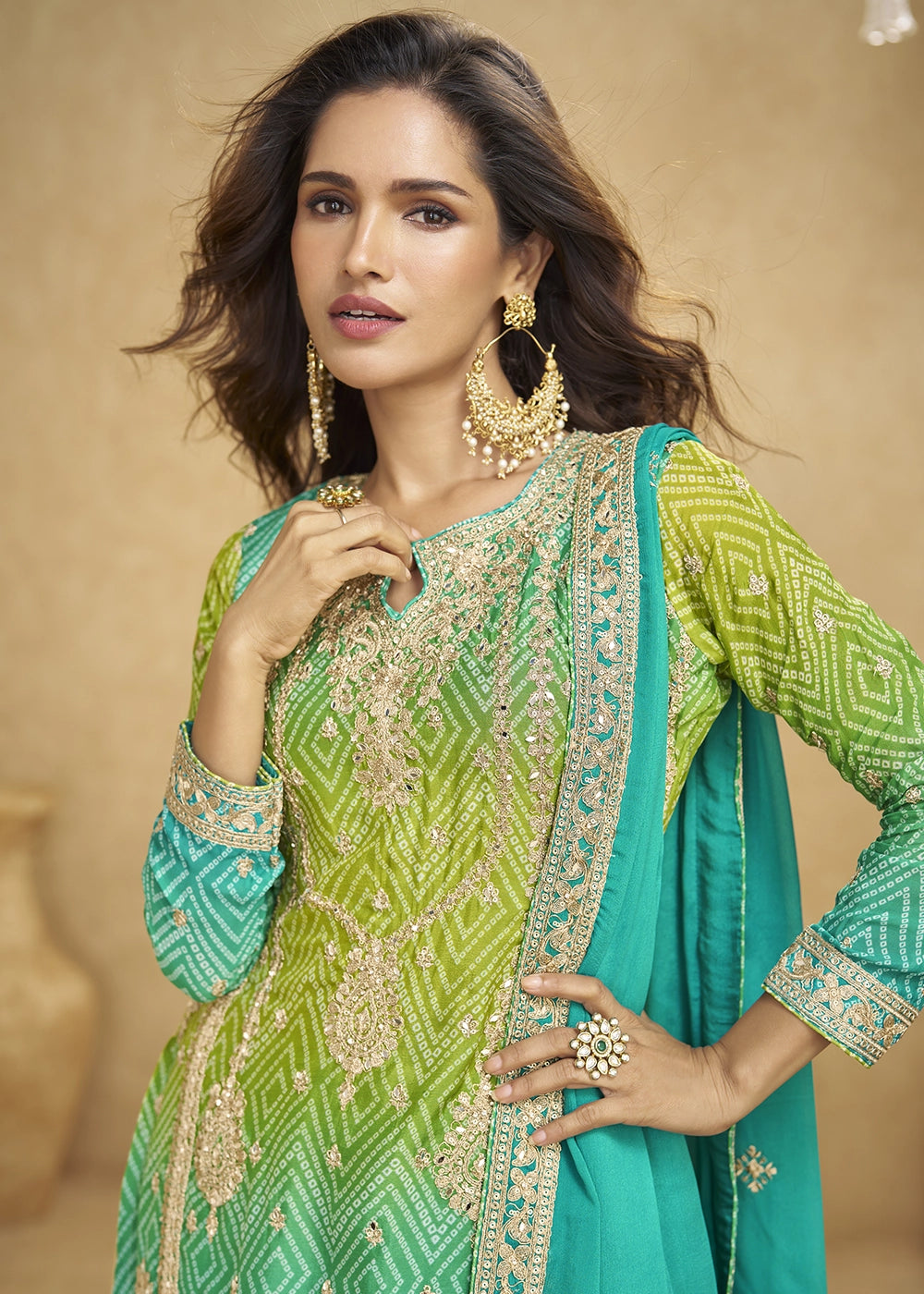 Green-Blue Chinon Silk Palazzo Suit with Fine Embroidery