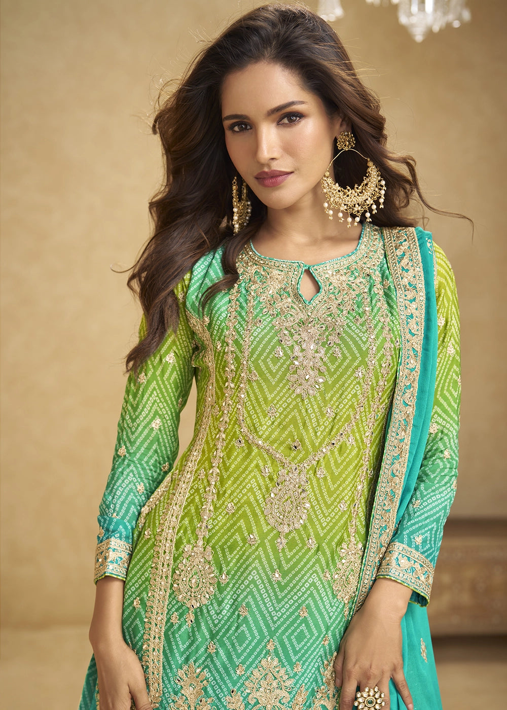 Green-Blue Chinon Silk Palazzo Suit with Fine Embroidery