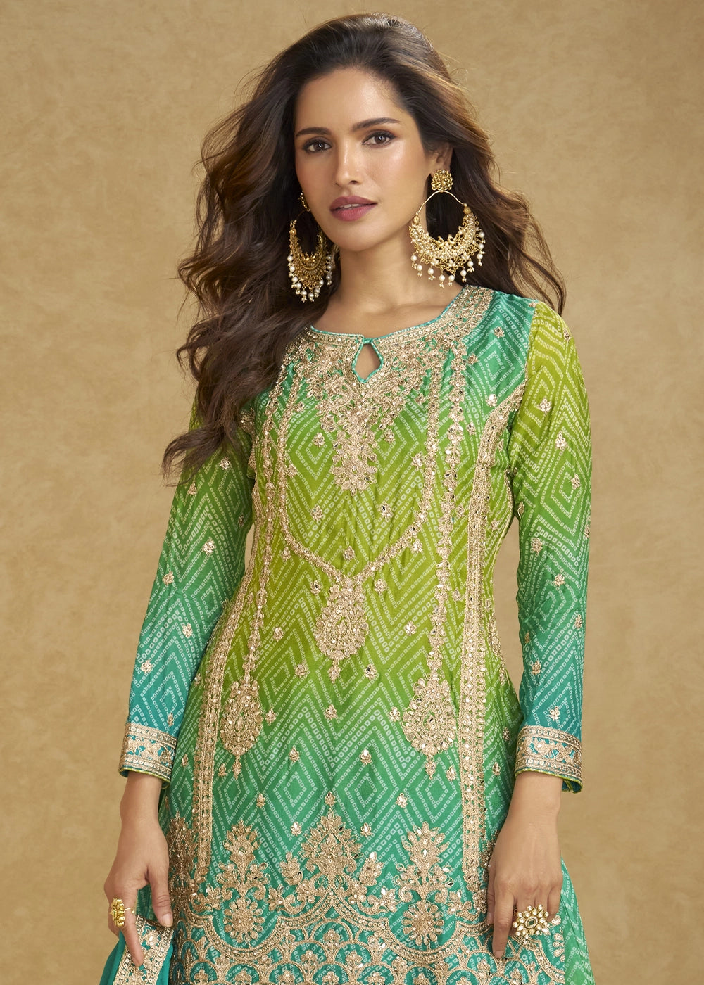 Green-Blue Chinon Silk Palazzo Suit with Fine Embroidery