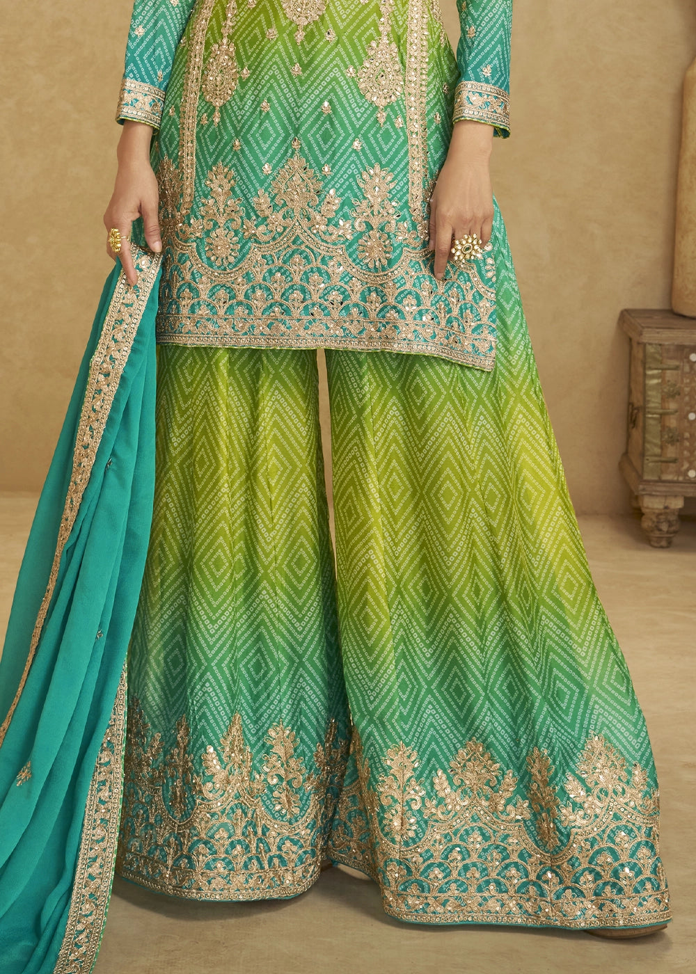 Green-Blue Chinon Silk Palazzo Suit with Fine Embroidery